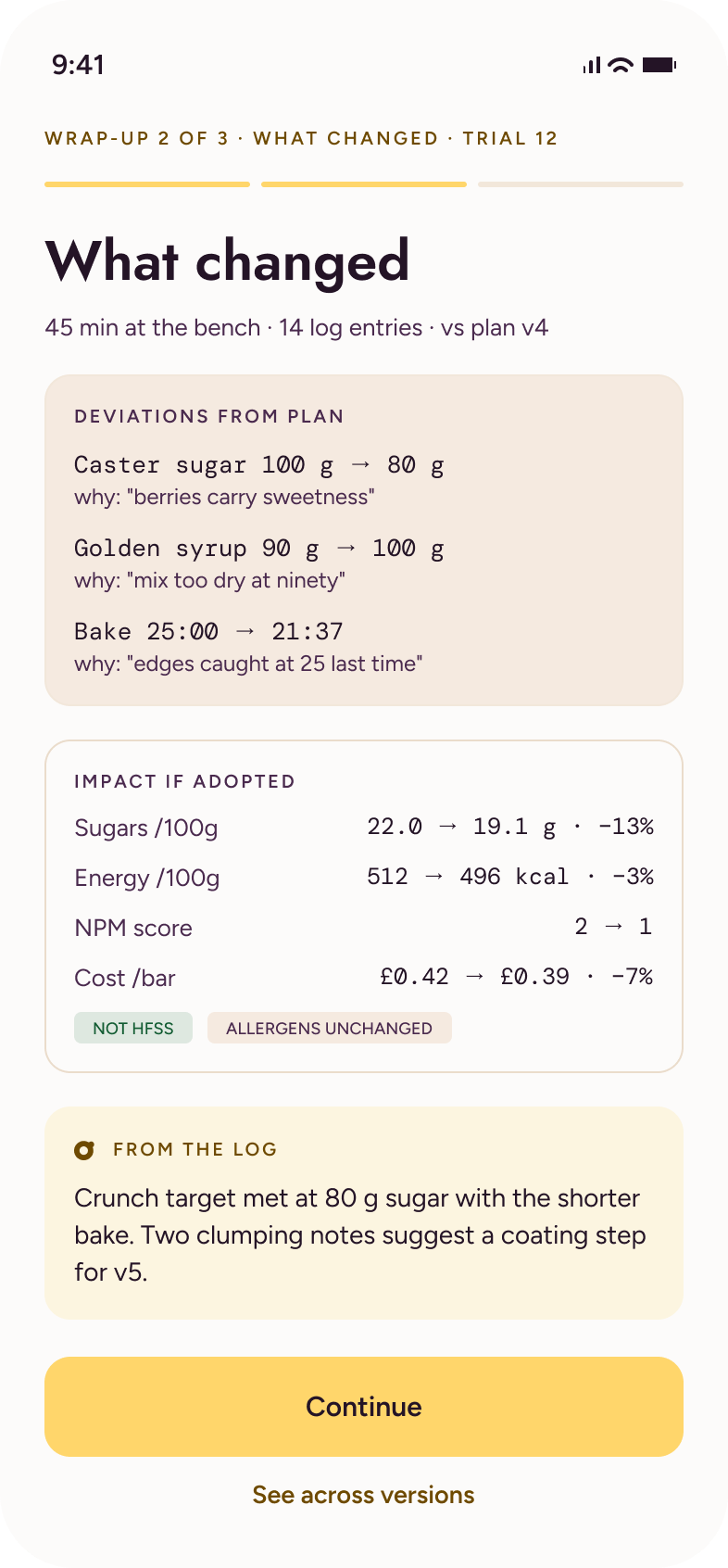 What changed screen: deviations from plan with the reason for each, and the impact on sugars, energy, NPM score and cost if adopted